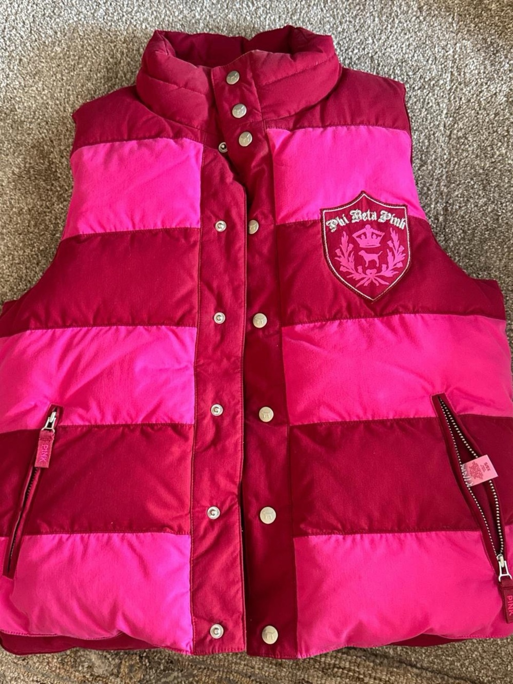 PINK Victoria's Secret Pink and Dark Red Striped Puffer Vest Reversible